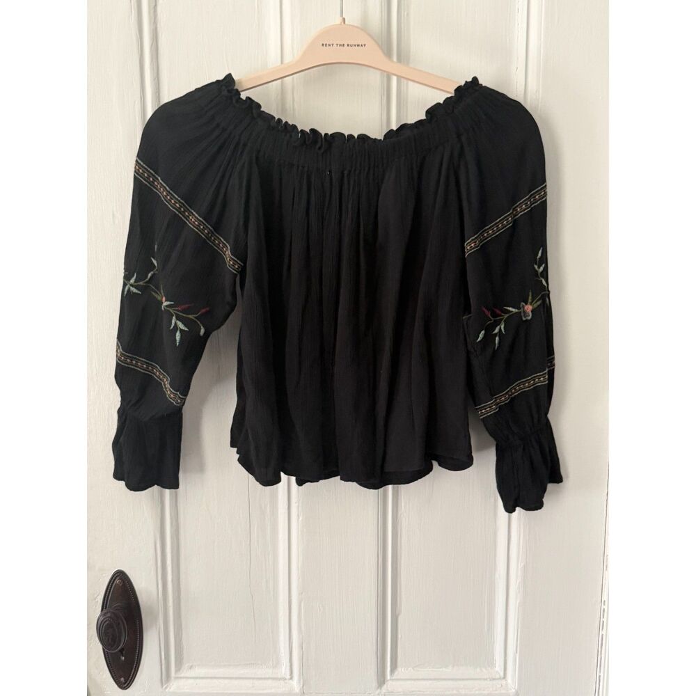 American Eagle Black Embroidered Boho Peasant Blouse Size S